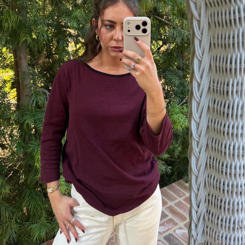 Y2K burgundy striped oversized 3/4 sleeve t-shirt / size s-L